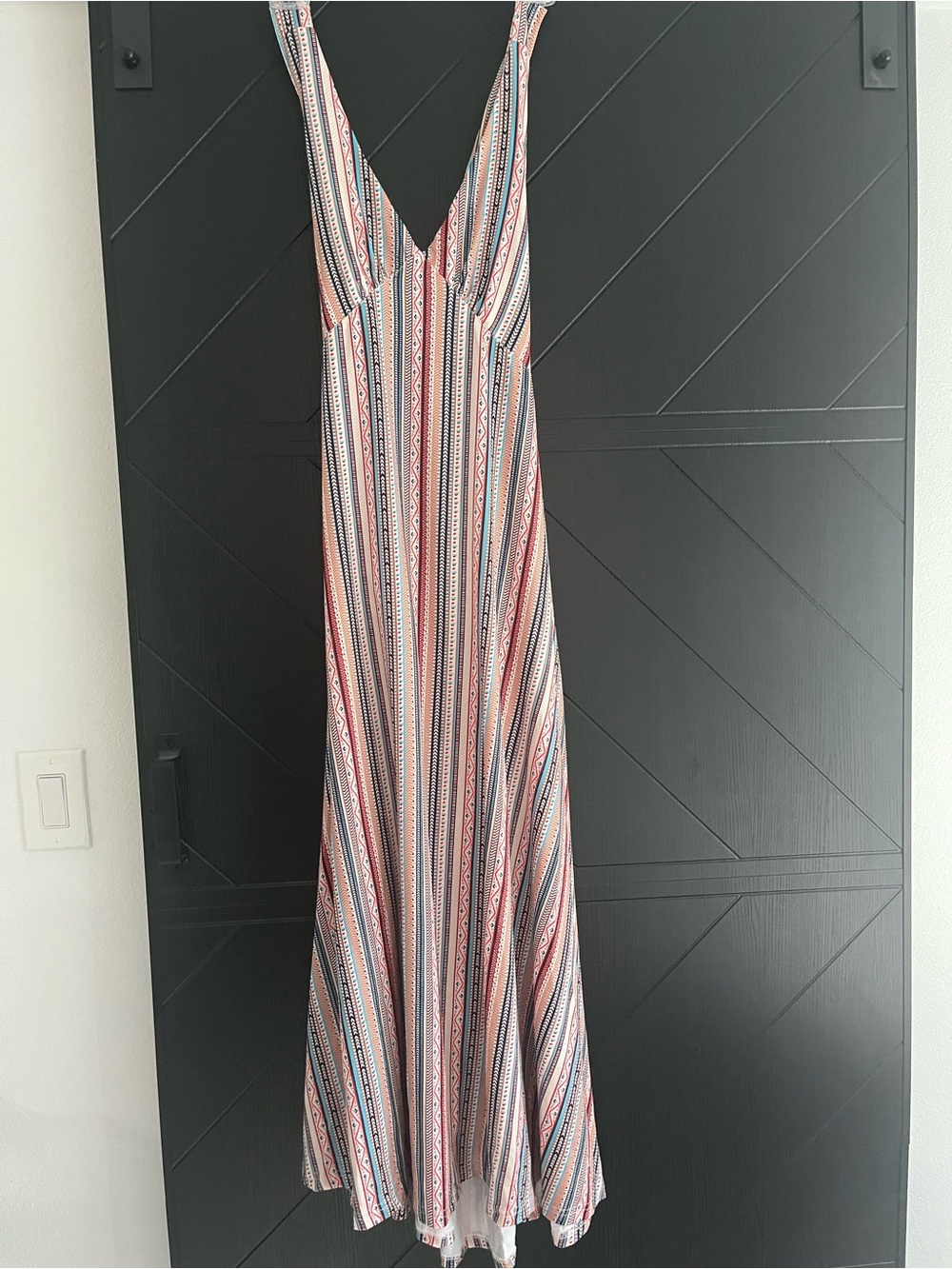 Sleeveless V-Neck Maxi Dress in Pink, Blue and Cream Stripes